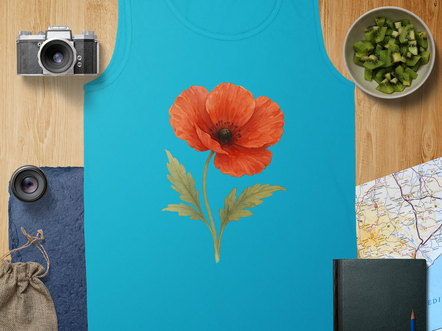 Bright Blue Tank with Red Poppy Flower Design product
