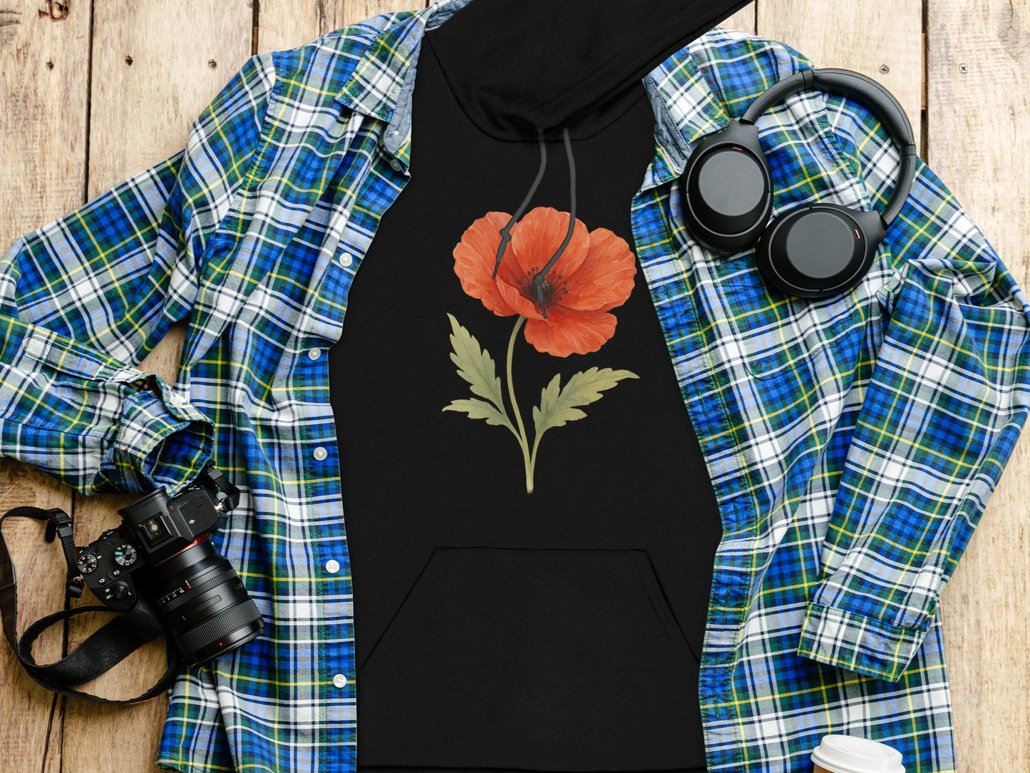 Stylish Black Hoodie with Red Poppy Design product