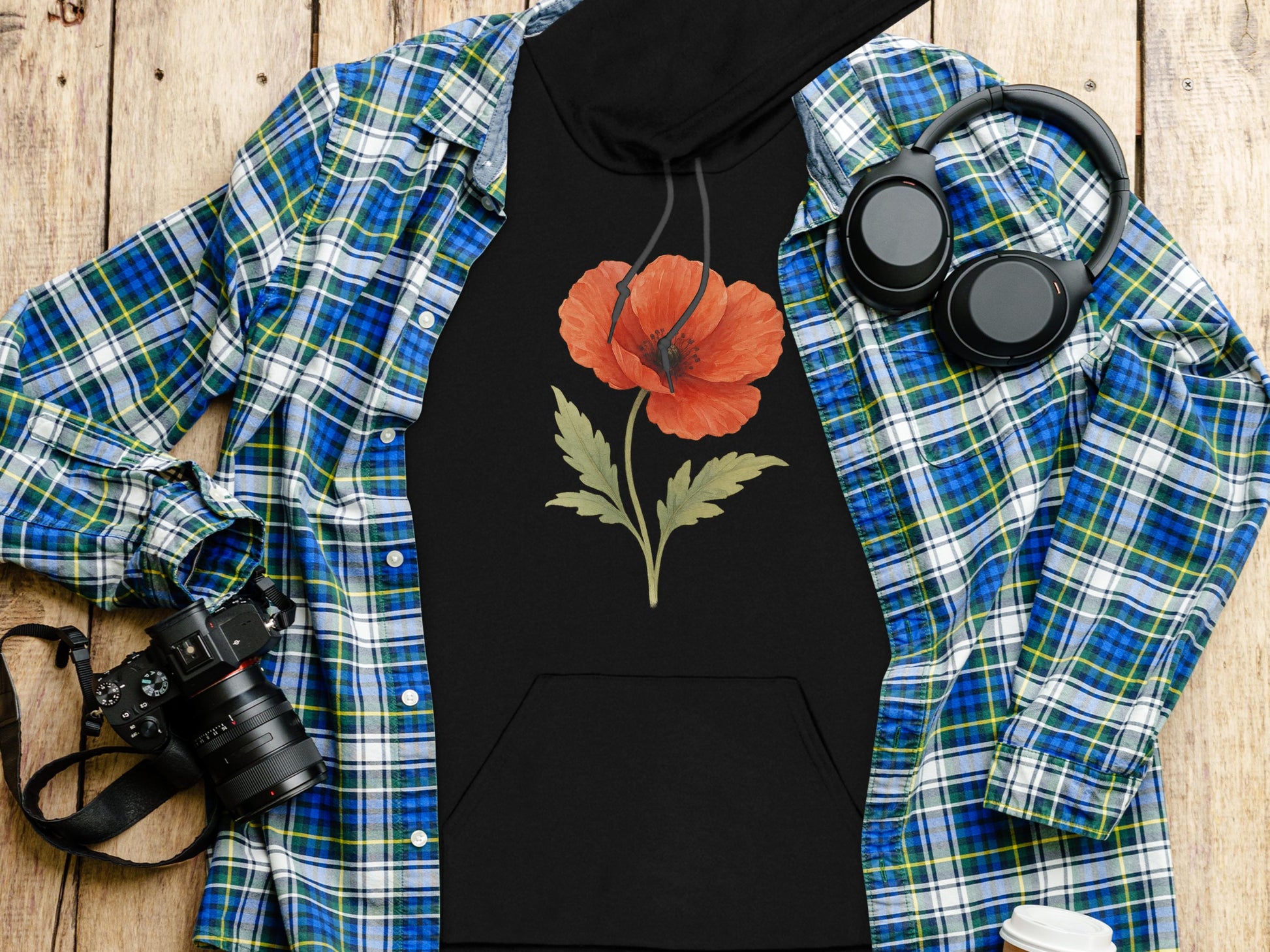 Stylish Black Hoodie with Red Poppy Design product