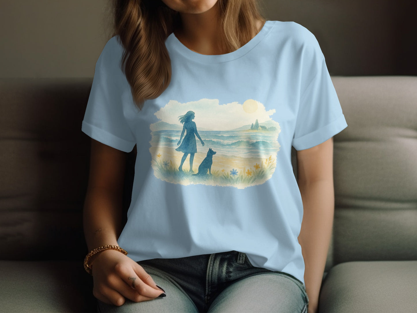 Woman and Dog at Beach Print T Shirt product type