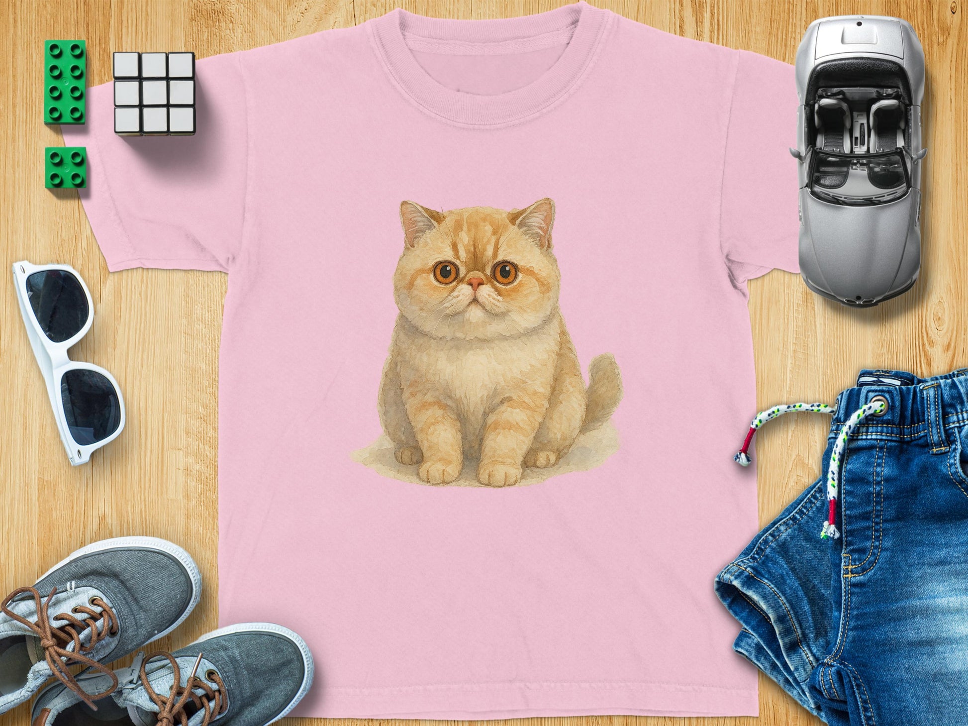 Cute Cartoon Cat Print on Light Pink T-Shirt product type