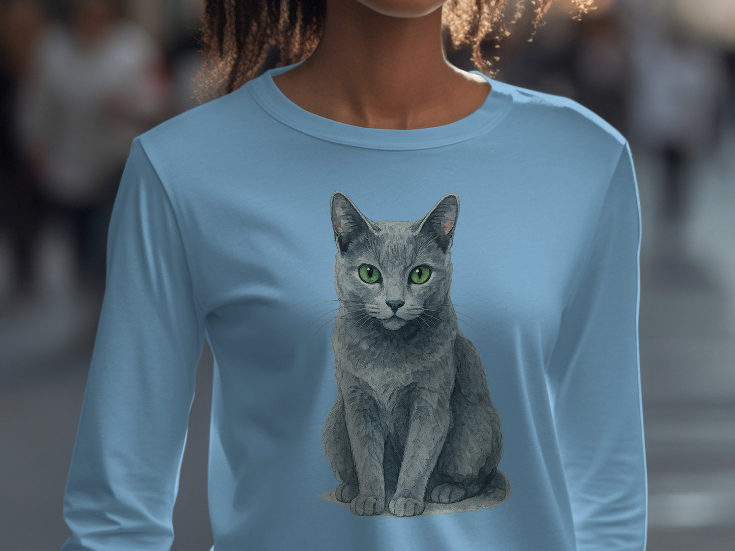 Blue Long Sleeve T Shirt Featuring Grey Cat Product