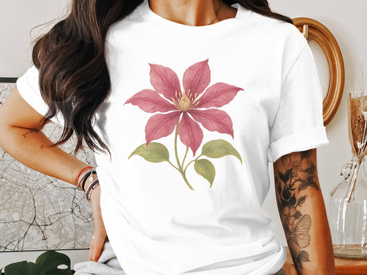 Clematis Flower Printed White Casual Wear T-Shirt product