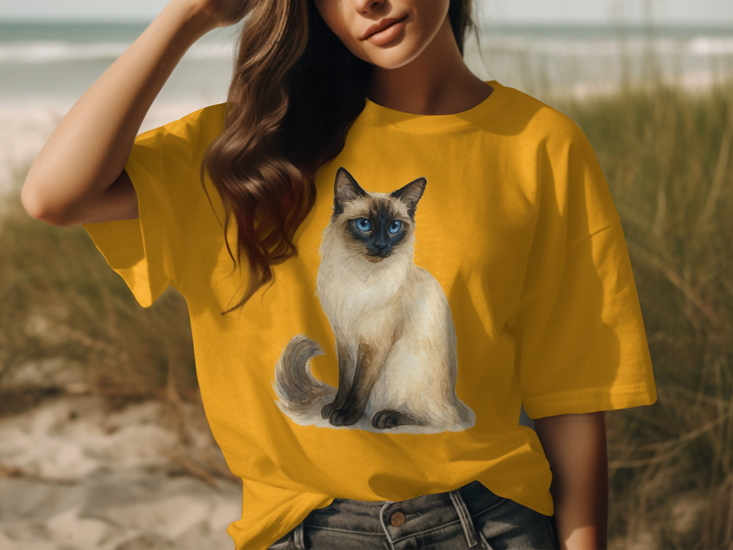 Vibrant Yellow T-Shirt Featuring Cat Design product type