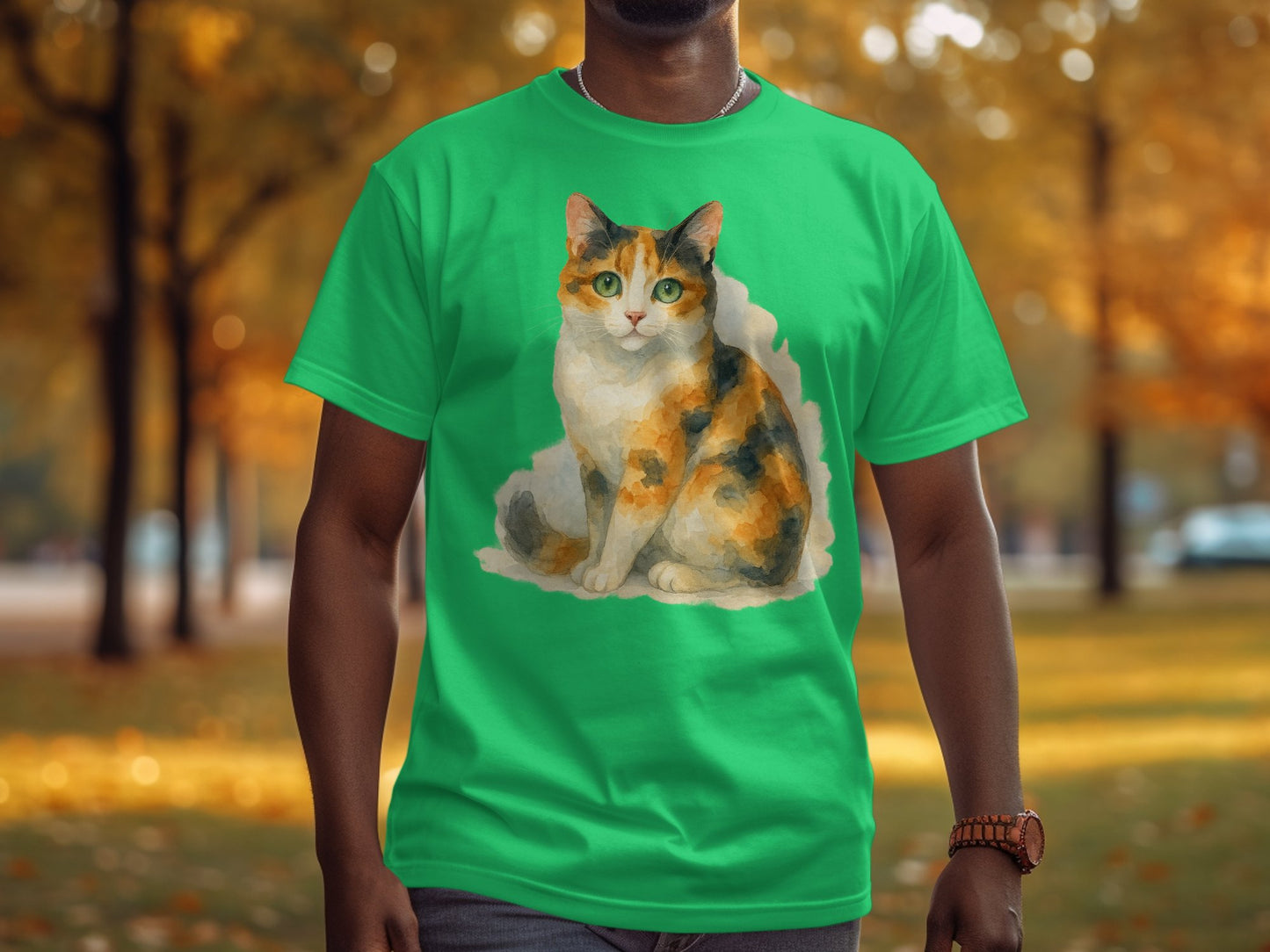 Colorful Cat Print Green T-shirt for Cat Lovers product type