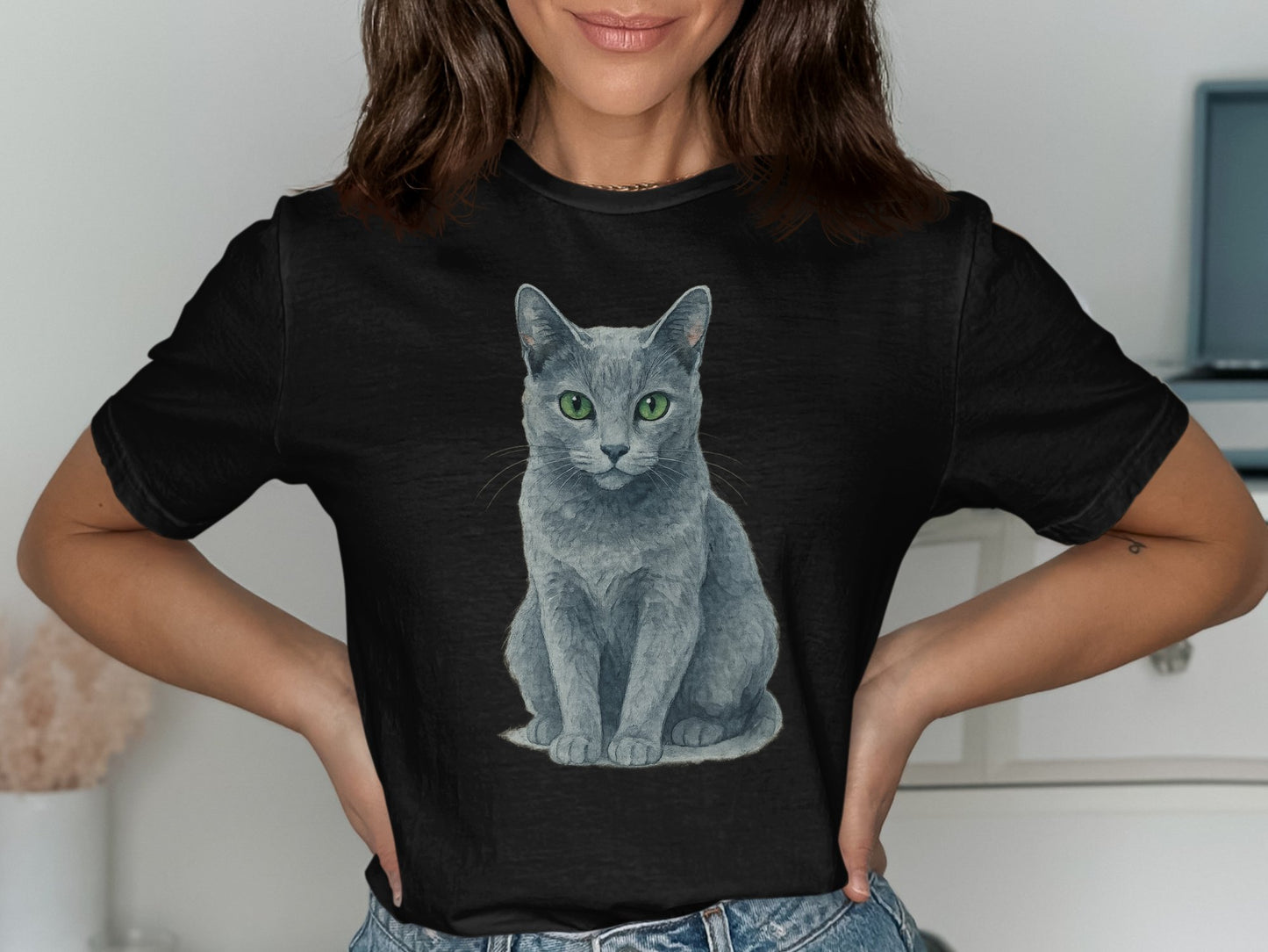 Realistic Green-Eyed Grey Cat Graphic T-shirt product