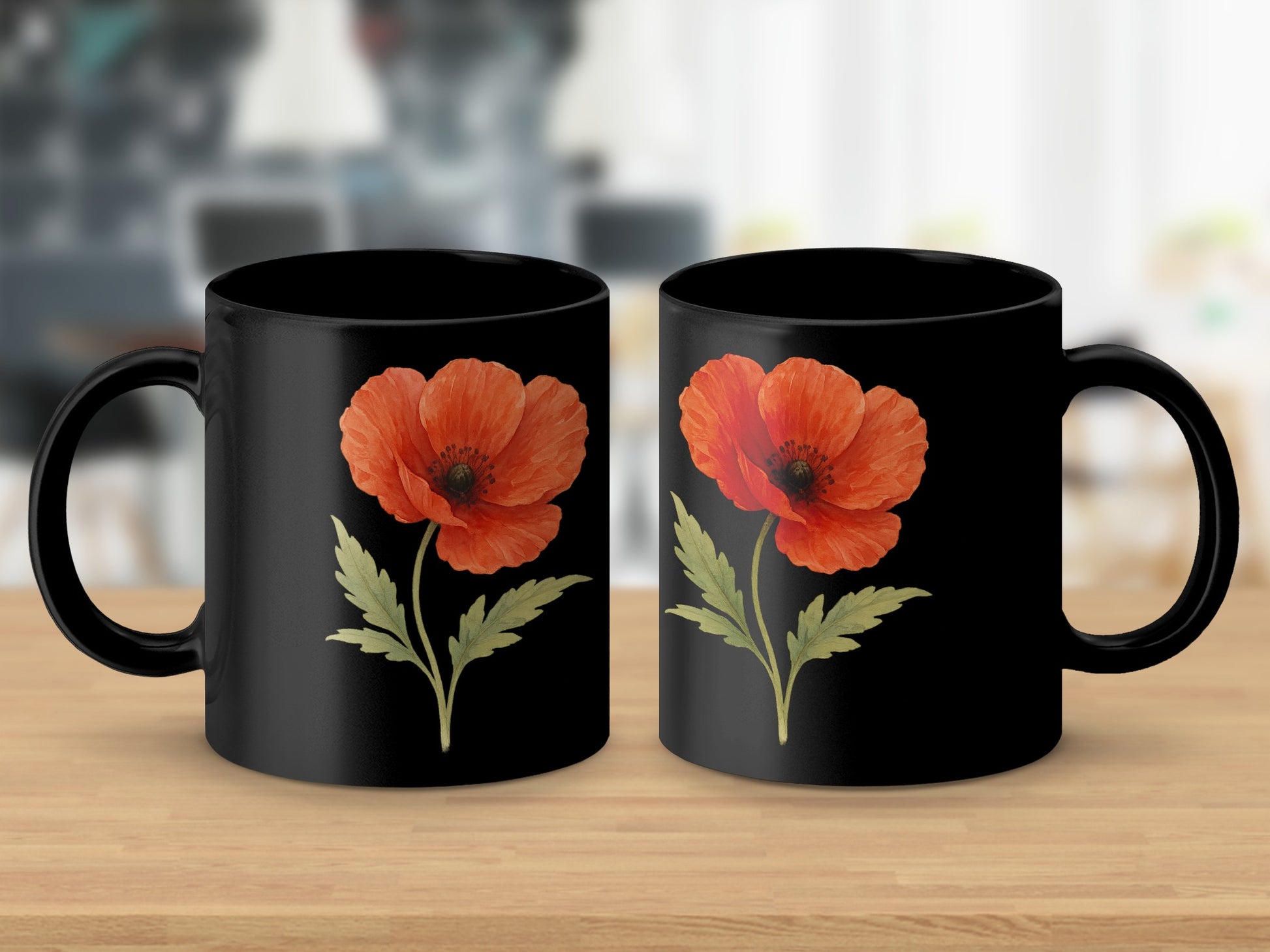 Vibrant Red Poppy Flower Design on Black Mug product type