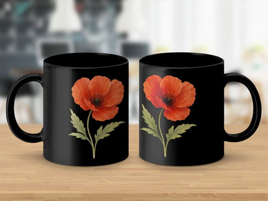 Vibrant Red Poppy Flower Design on Black Mug product type