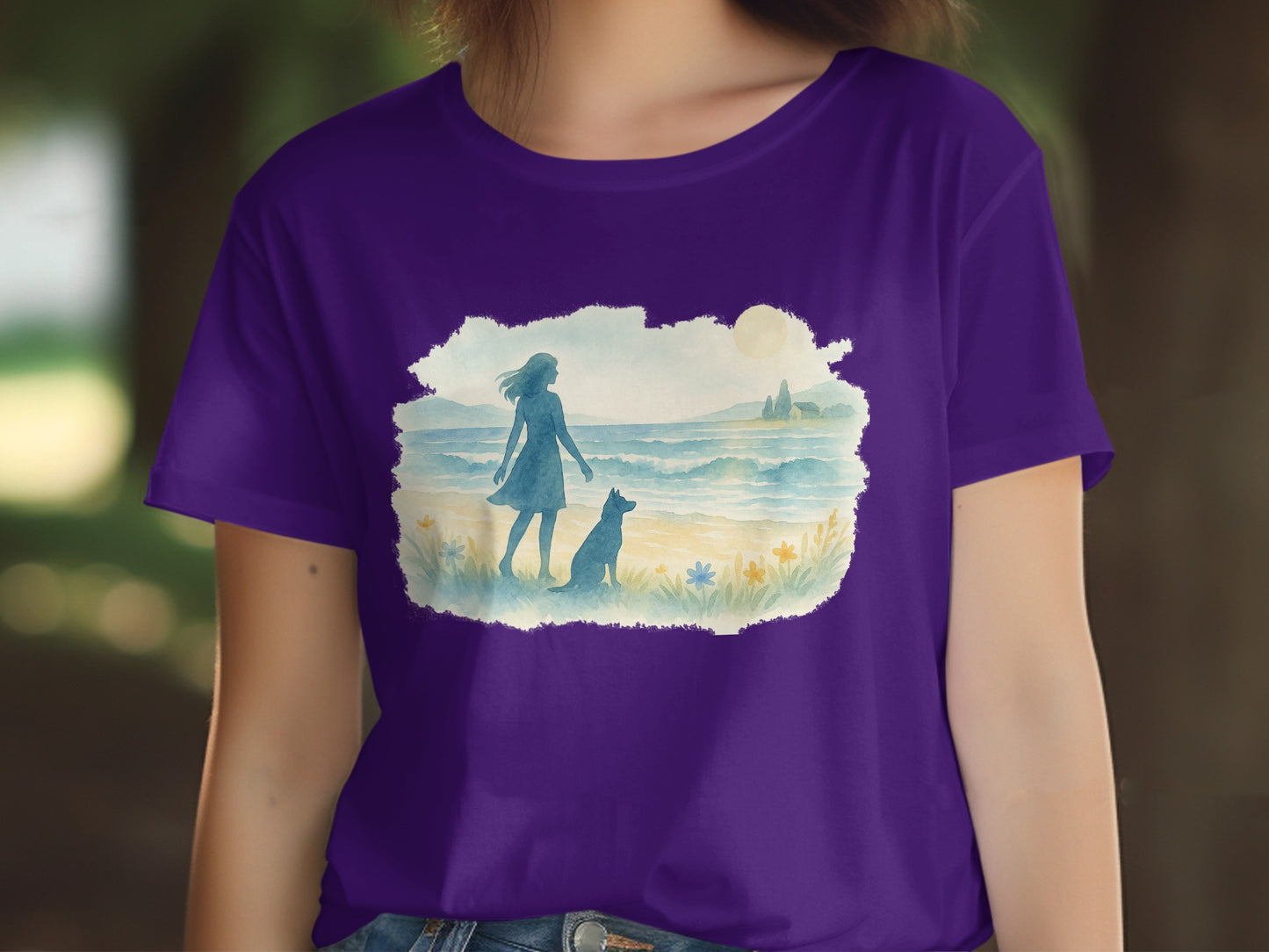 Woman and Dog on Beach Purple T-shirt product type