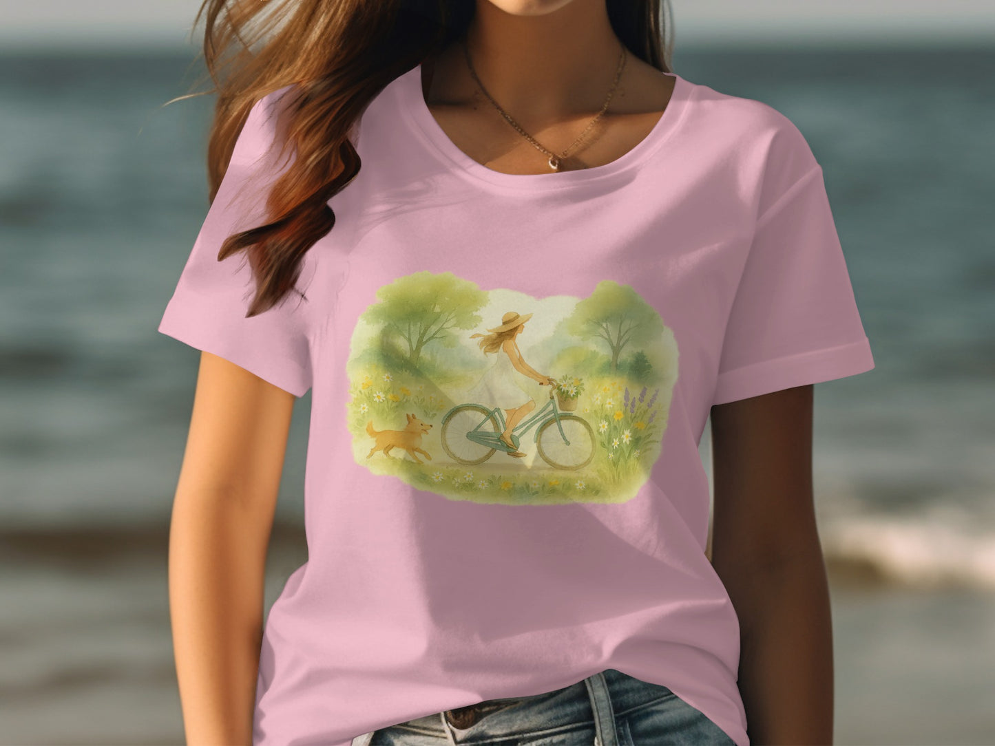 Woman Bicycling With Dog On Beach Graphic T-Shirt product