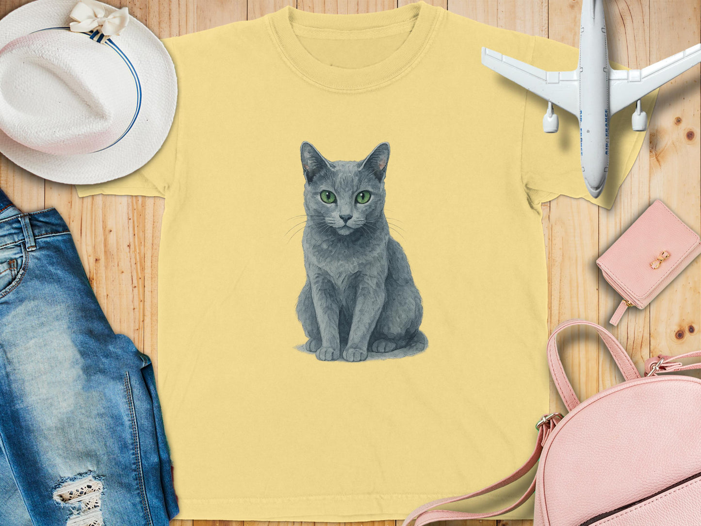 Cute Gray Cat Print on Yellow T-shirt product type