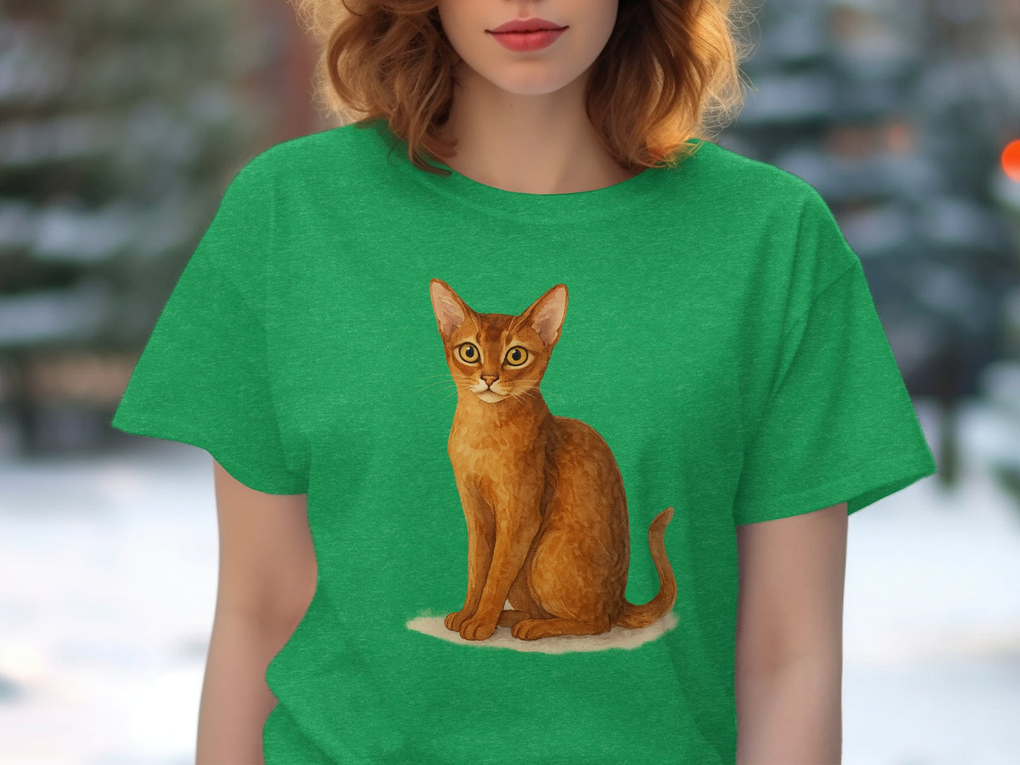 Vibrant Cat Illustration on Green Shirt product type