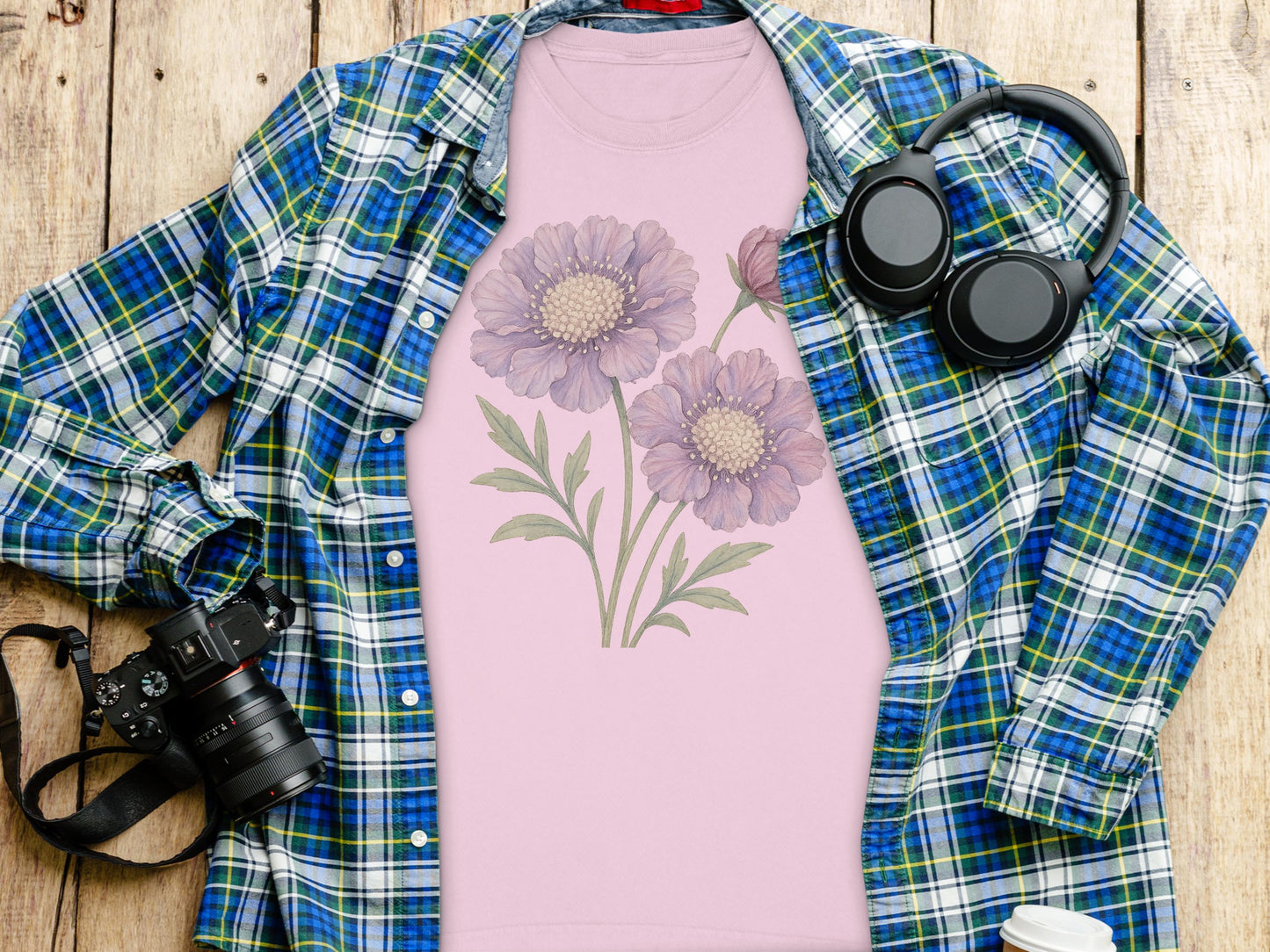 Purple Floral Graphic on Pink Tee Shirt product type