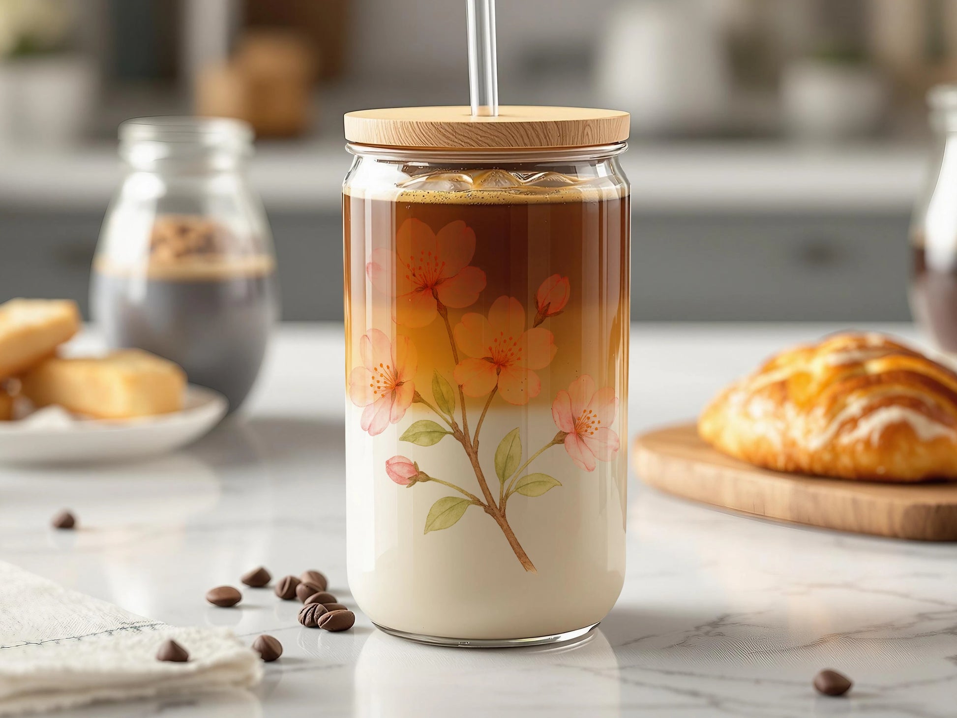 Floral Design Glass Coffee and Tea Drinking Jar product