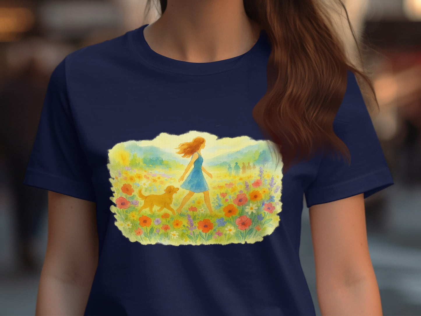 Whimsical Art of Girl with Dog in Flower Field product type