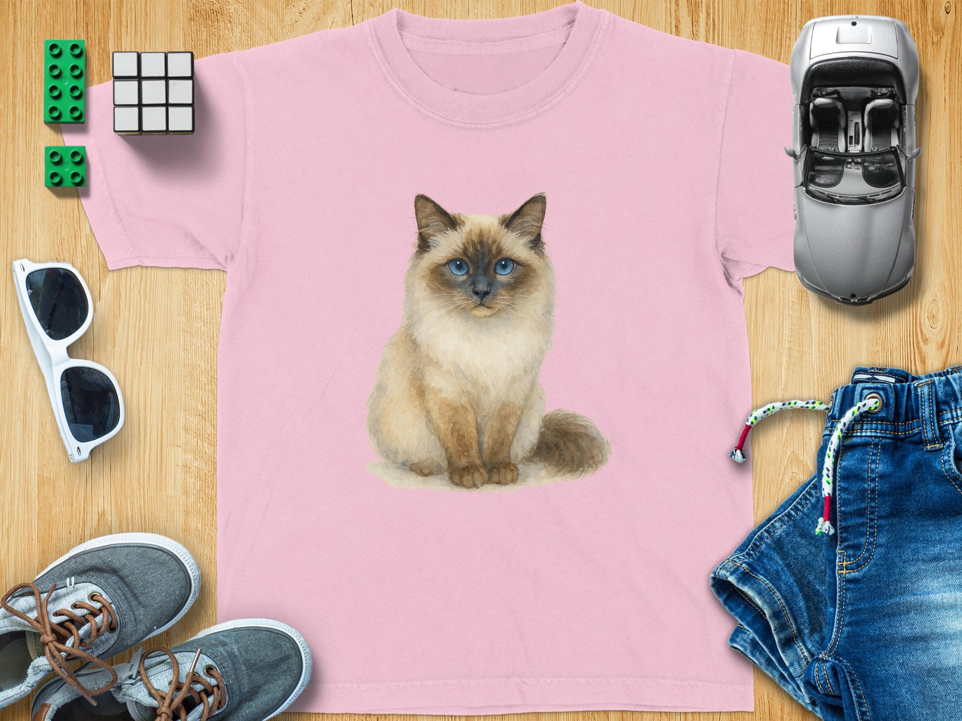 Cute Fluffy Cat Print Design on Pink Kids T-Shirt Product