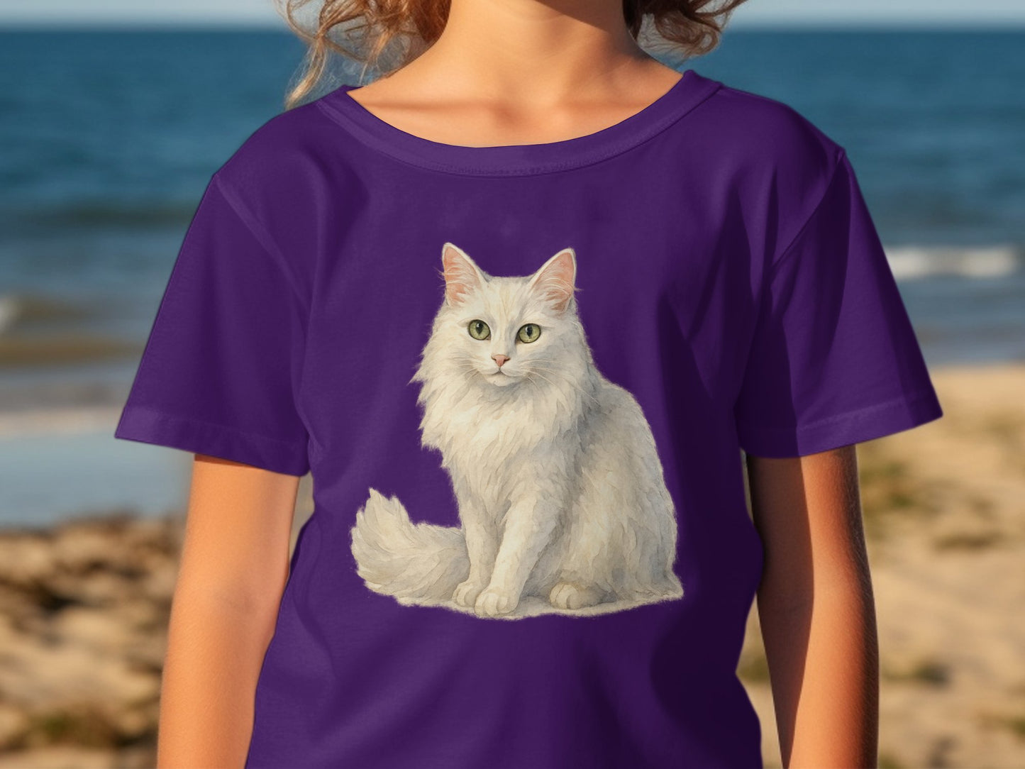 Beautiful White Cat Print Purple T-Shirt Product