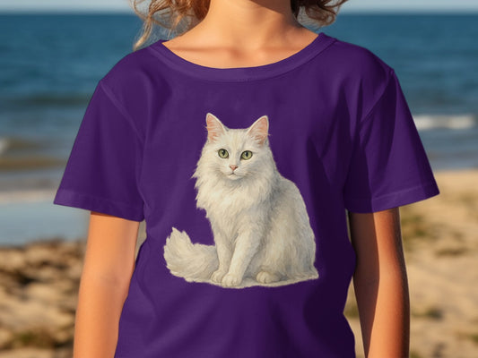 Beautiful White Cat Print Purple T-Shirt Product