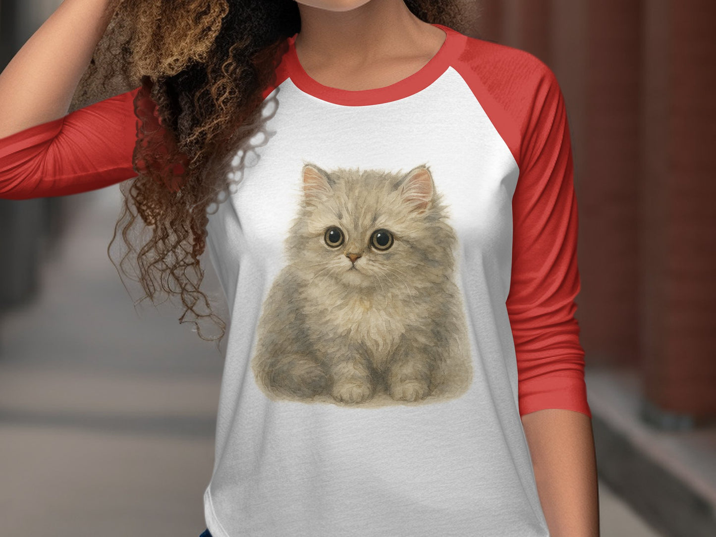 Cute Fluffy Kitten Design Red and White Sleeve Shirt product