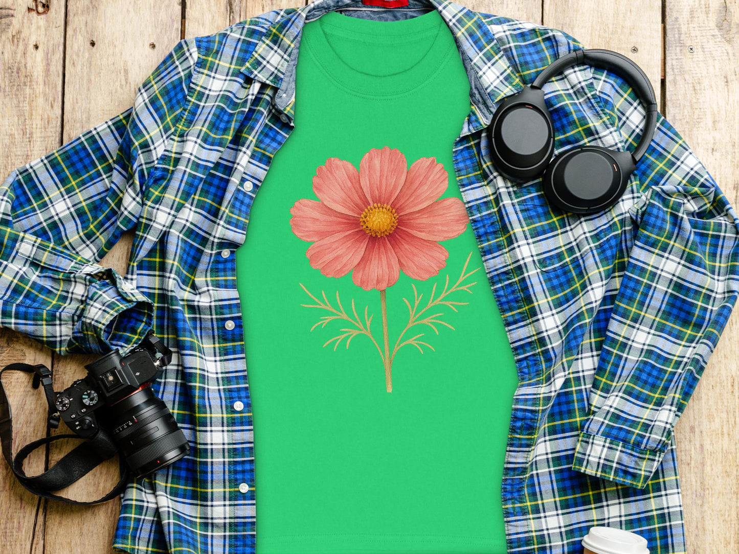 Pink Flower Graphic on Green Tee Shirt product type