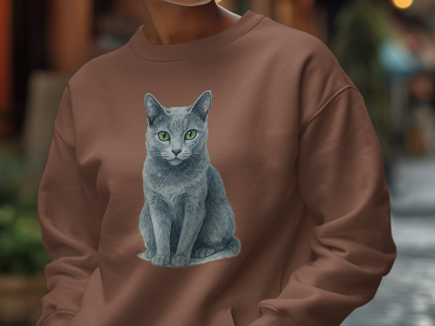 Elegant Gray Cat Illustration on Brown Sweatshirt product