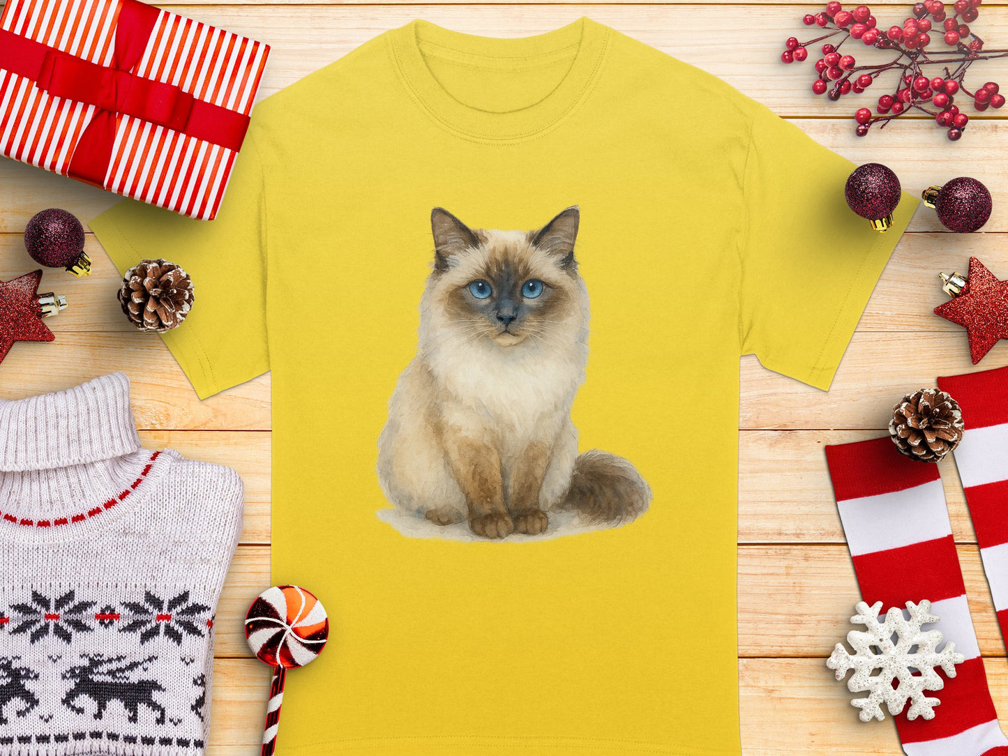 Cute Fluffy Cat Design on Yellow Shirt product type