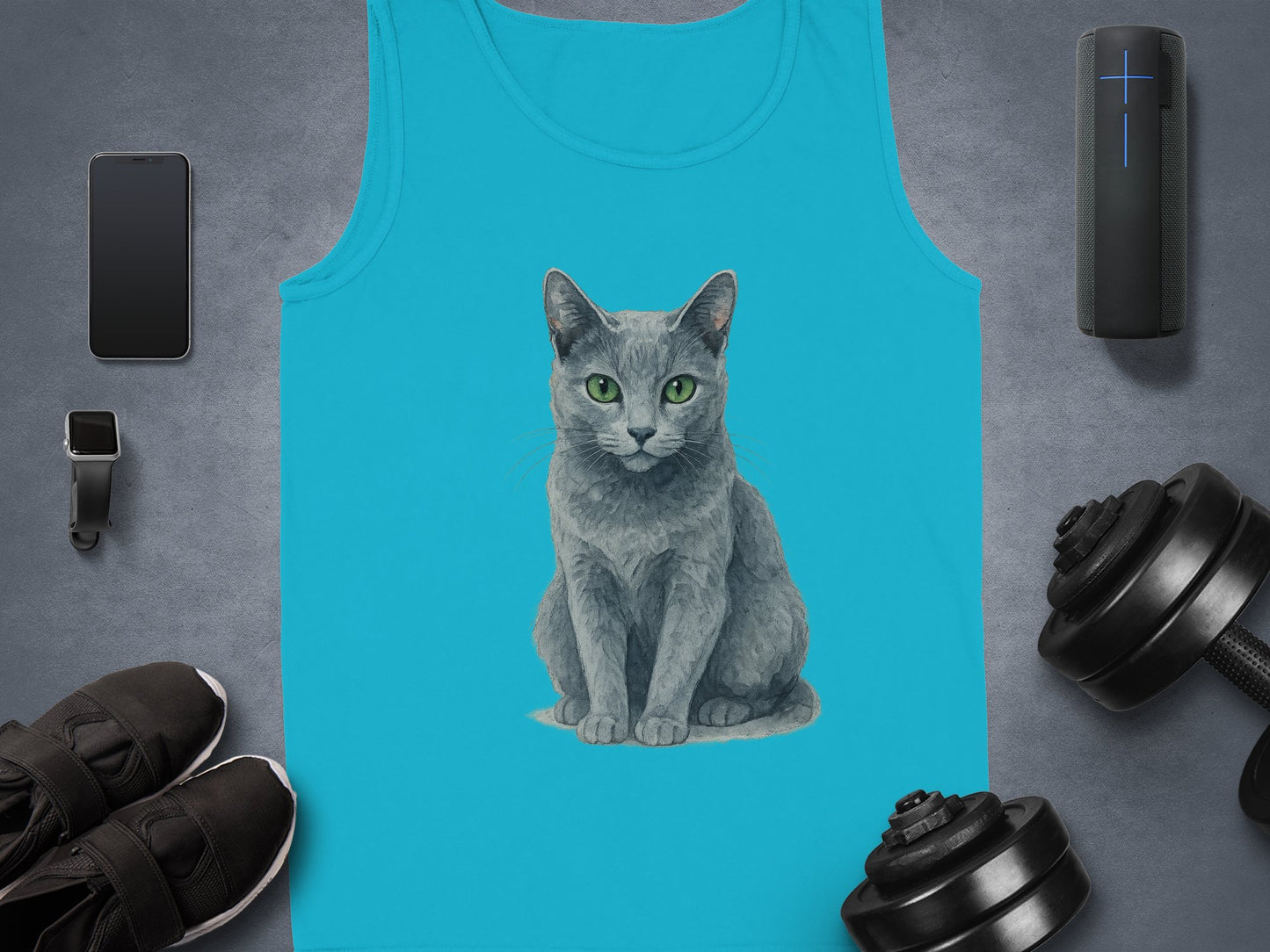 Gray Cat Illustration on Blue Background Tank Top product type
