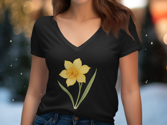 Black V-neck T-shirt with Yellow Daffodil Print product