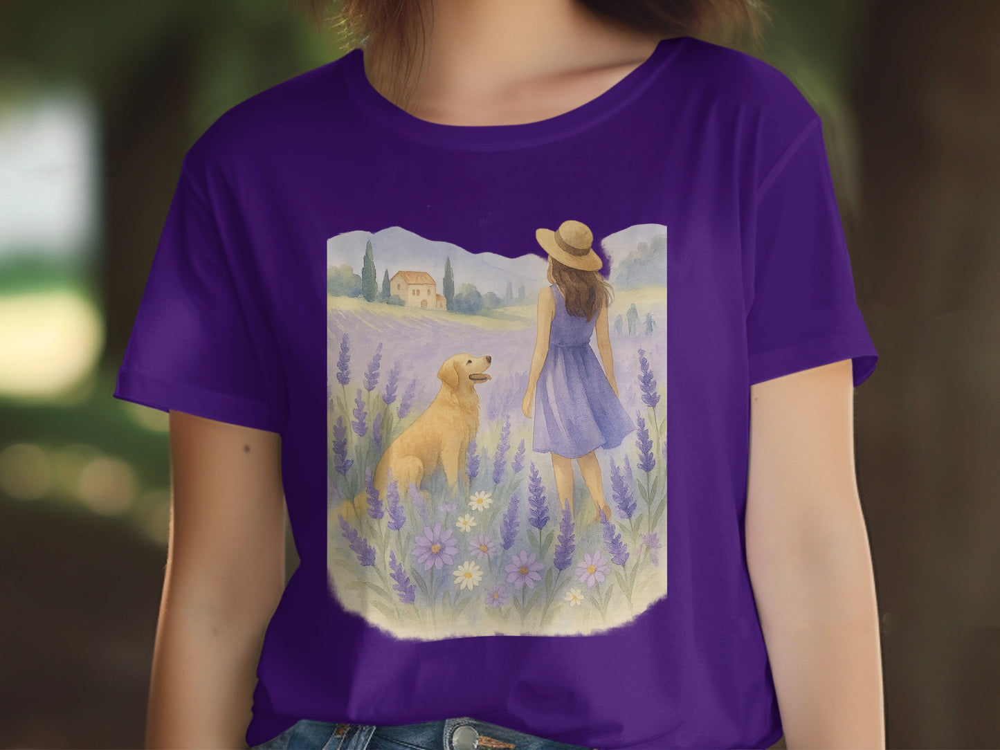Woman Walking Dog in Lavender Field T-shirt product type