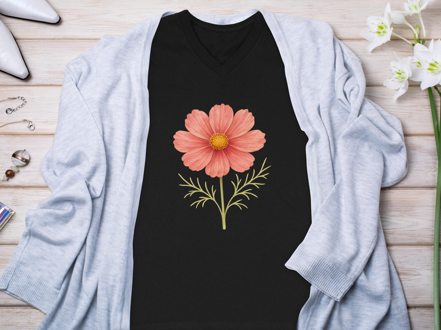 Elegant Black Tee with Pink Flower Design product type