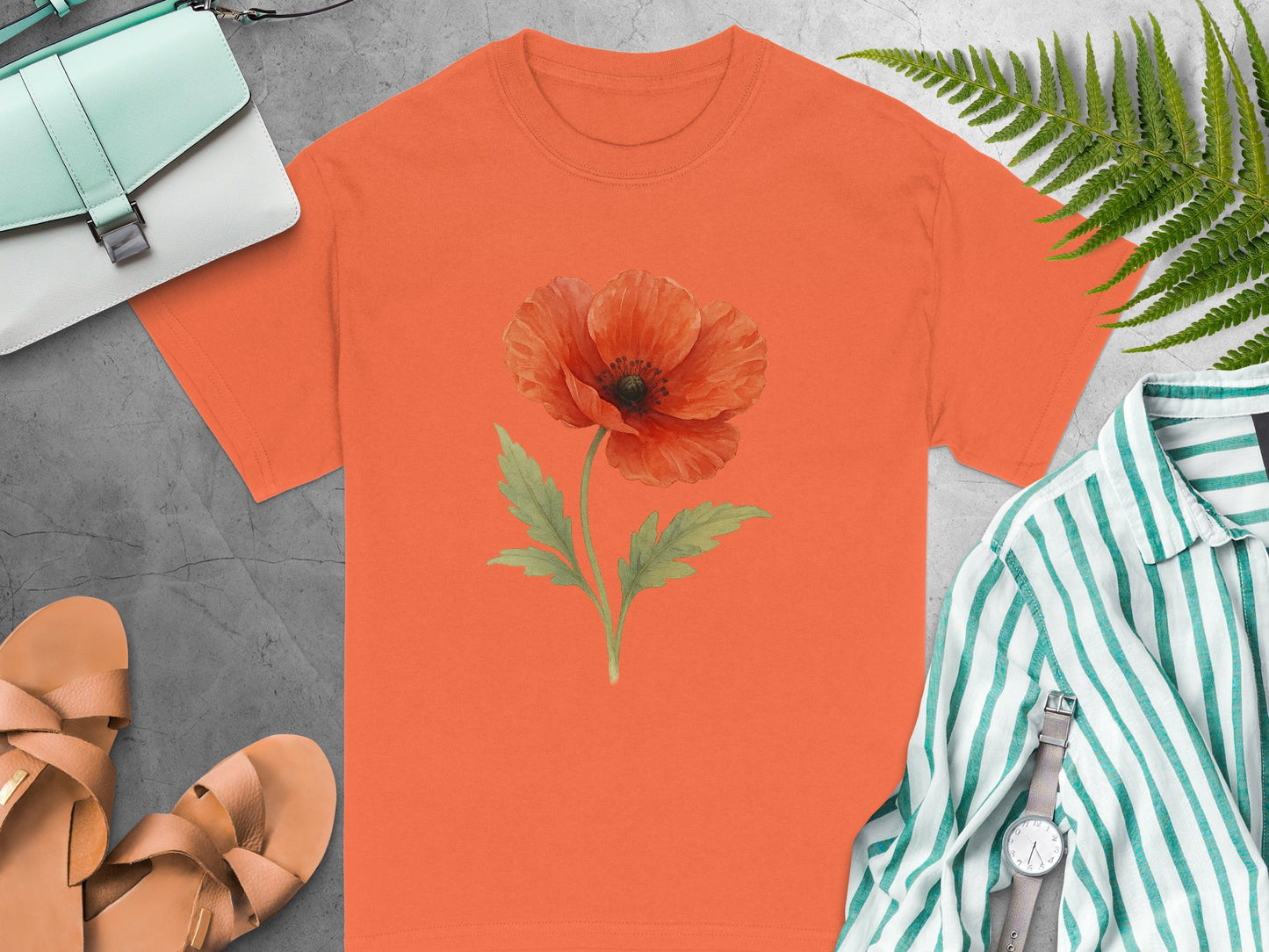 Vibrant Orange Tee Featuring Red Poppy Flower T-Shirt