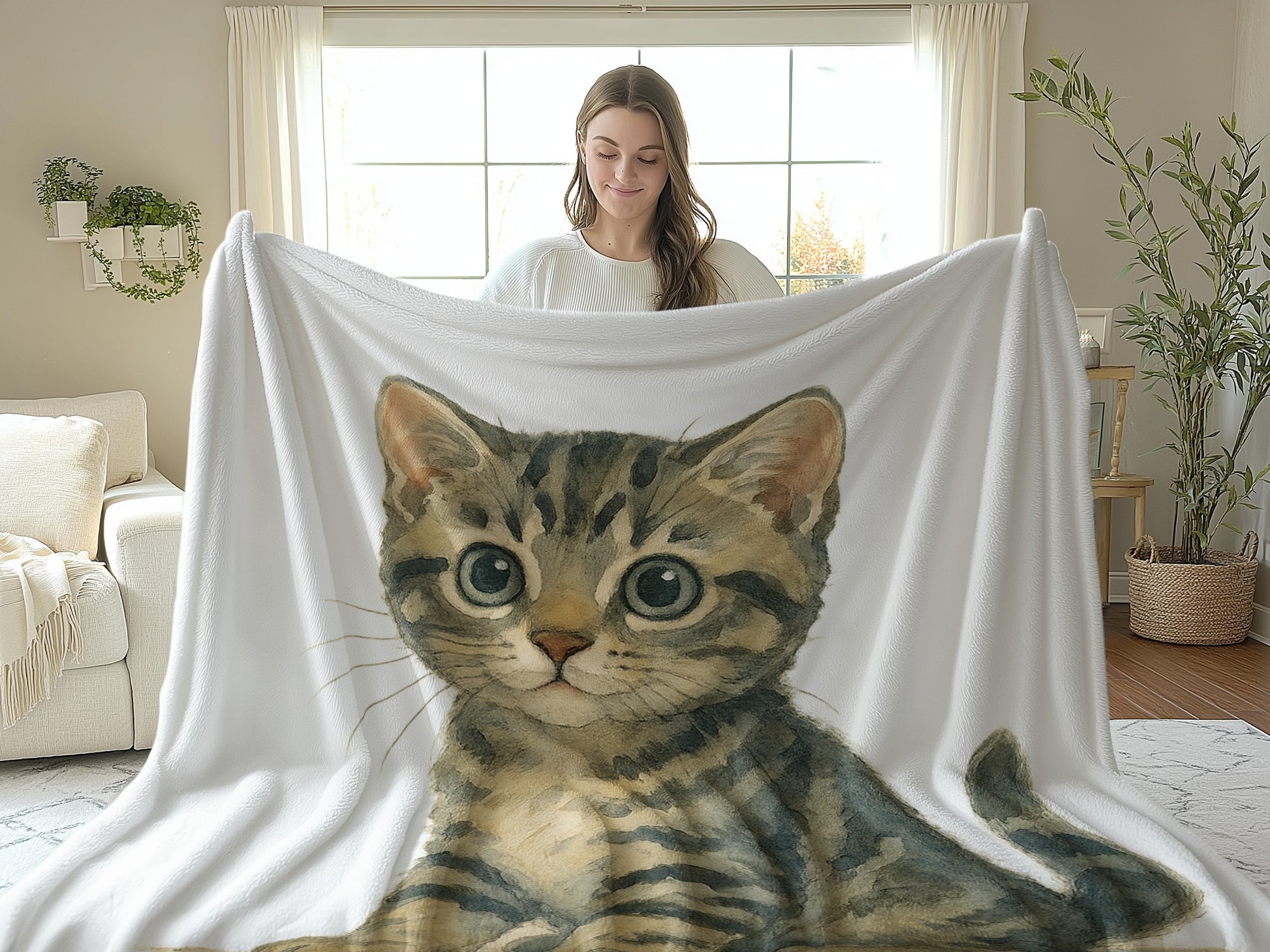 Cute Big Eyed Tabby Cat Print Soft Cozy Blanket product