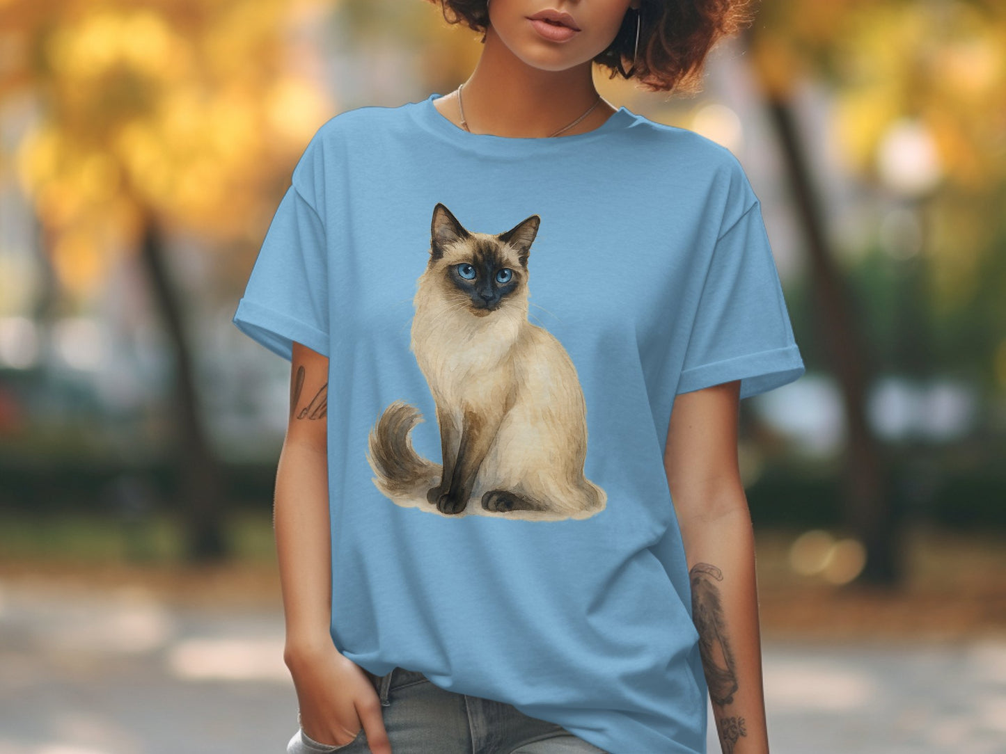 Blue T-shirt with Cat Print Casual Tee Shirt product