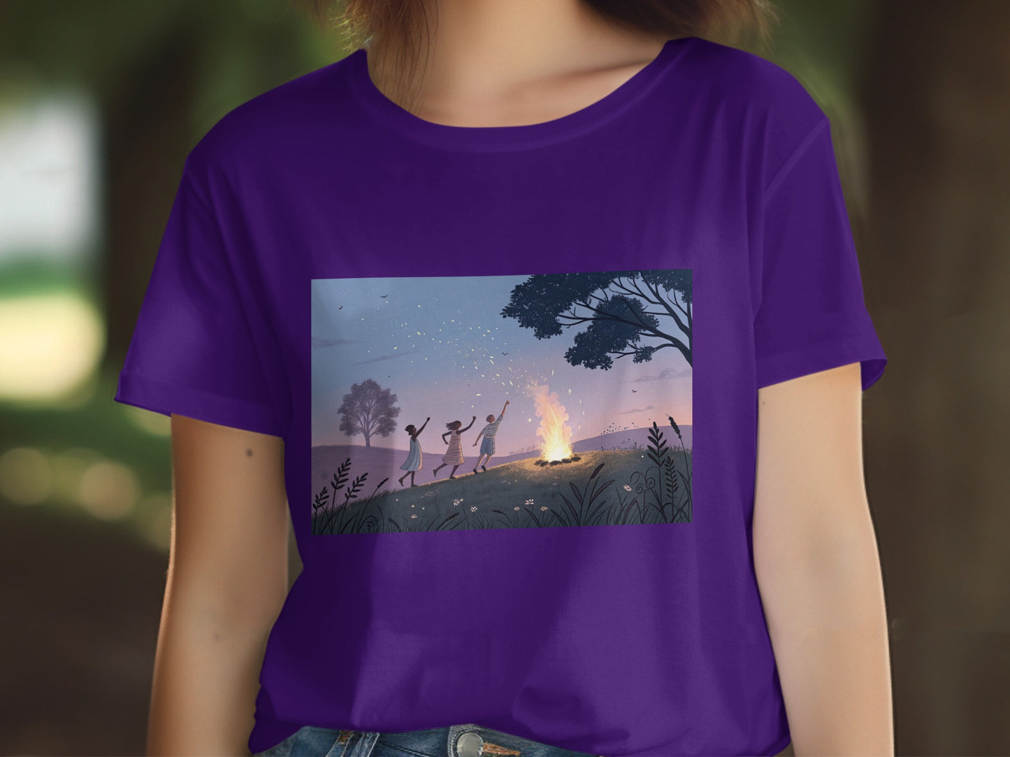 Purple T-shirt with Night Campfire Scene Design product type