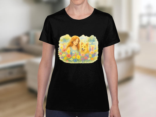 Woman With Dog And Flowers Graphic T-Shirt product