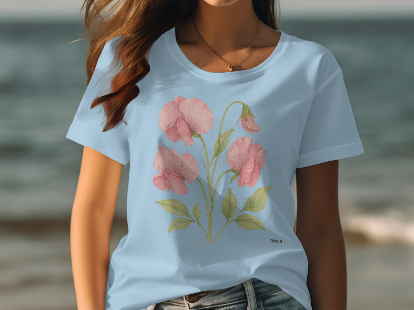 Beautiful Floral Design on Light Blue Shirt product type