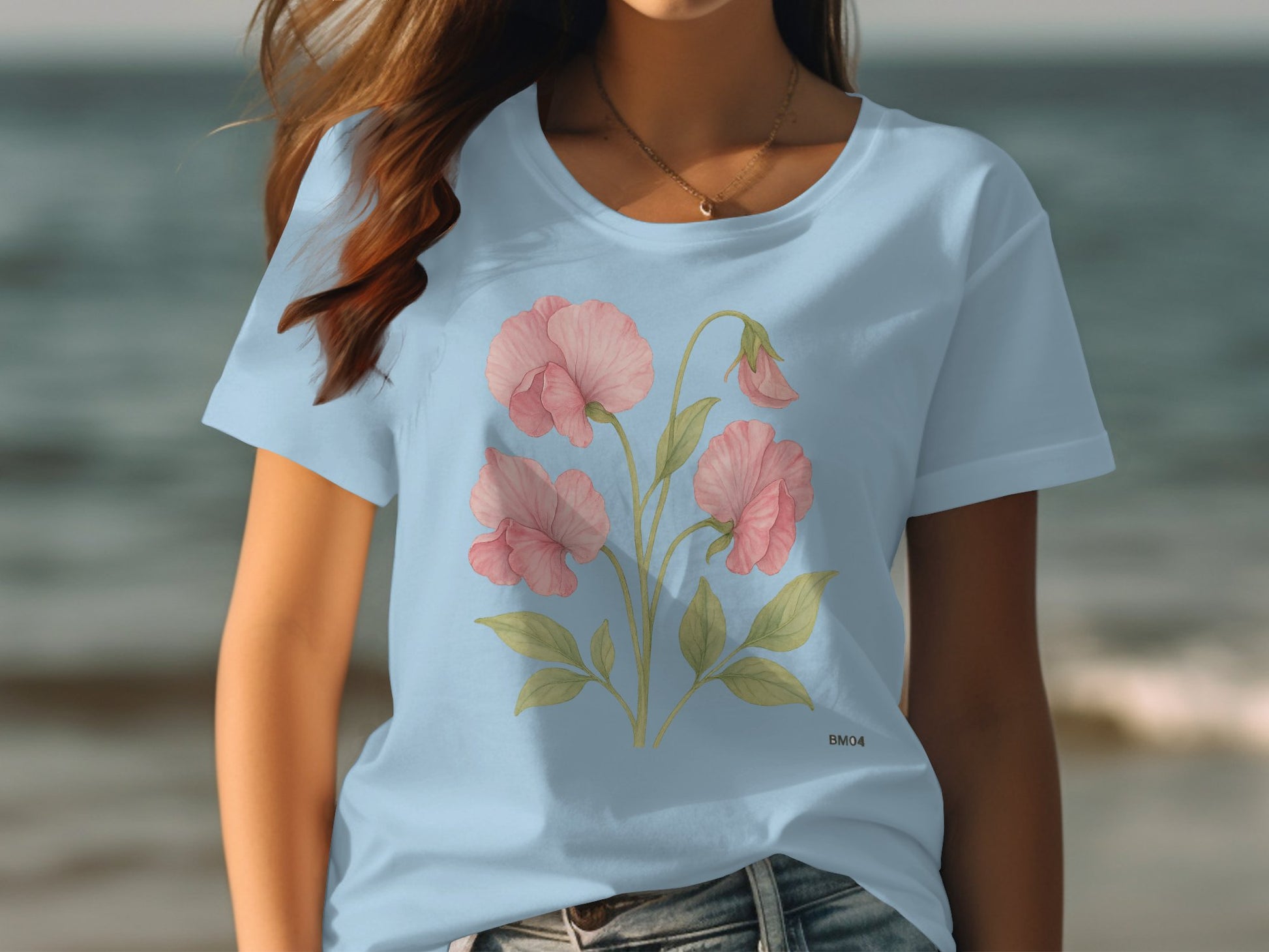 Beautiful Floral Design on Light Blue Shirt product type