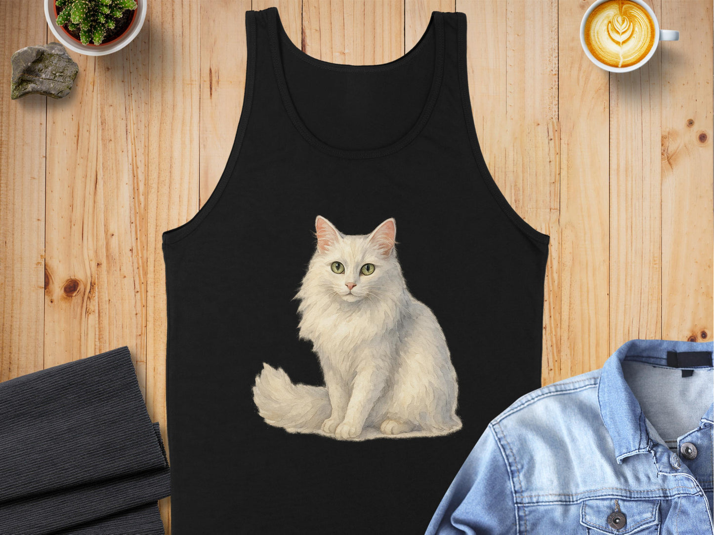 White Fluffy Cat Printed Design Black Tank Top product