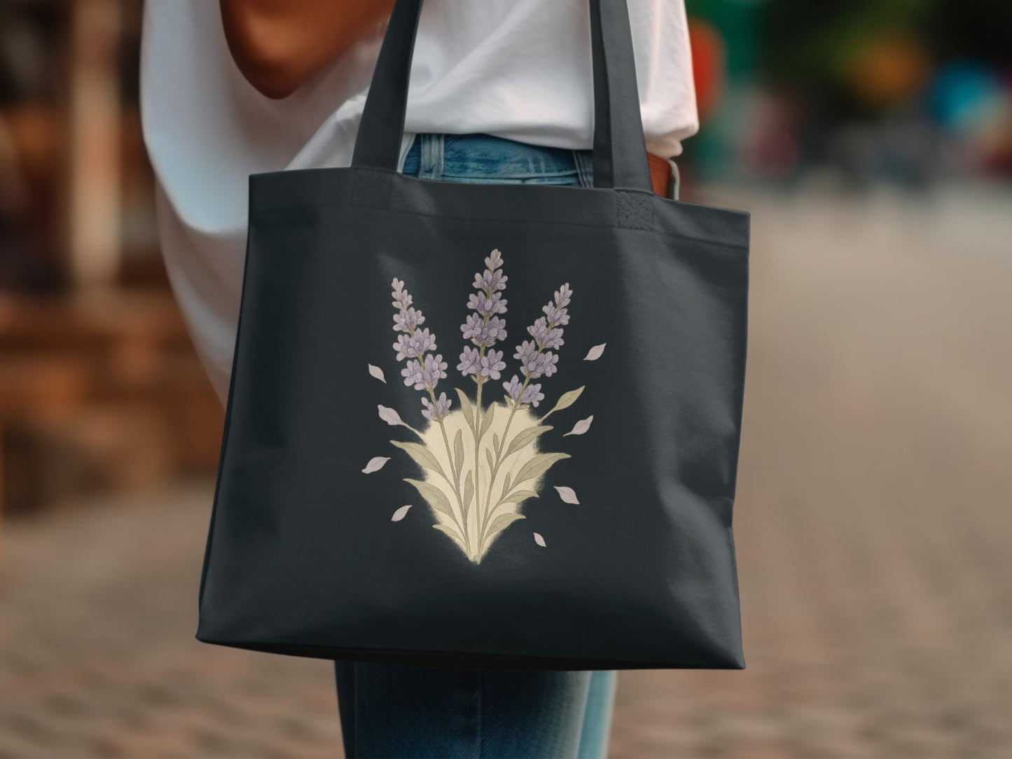 Lavender Flower Design Black Tote Bag product type