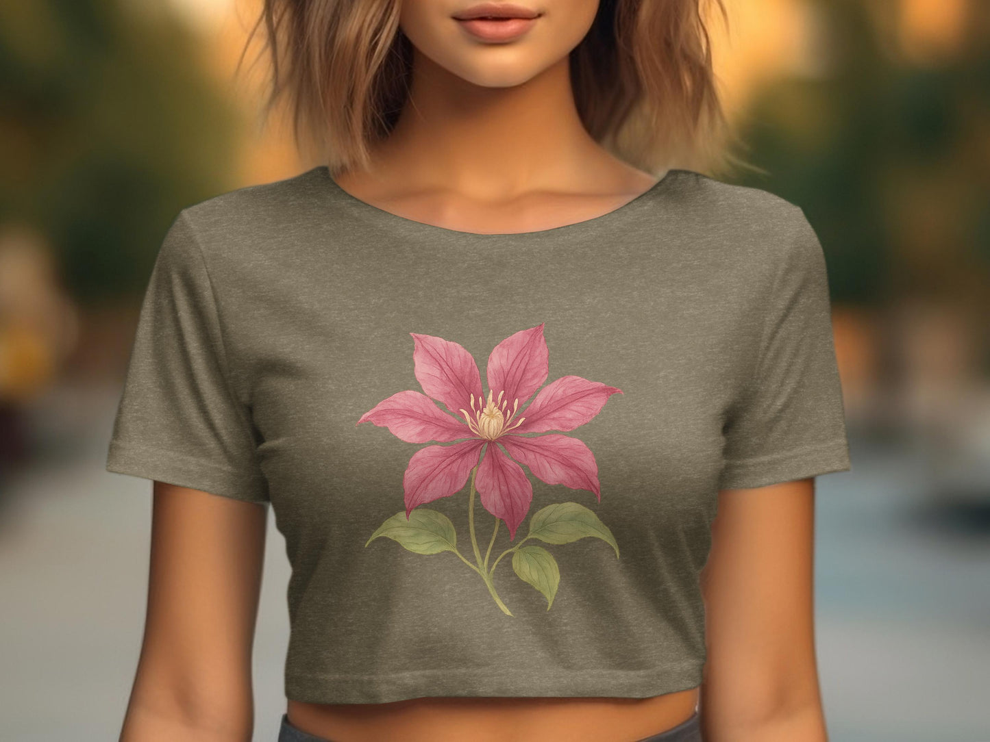 Pink Flower Print on Olive Green Crop Top product