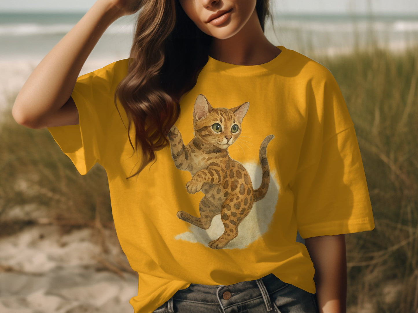 Cute Playful Cat Design on Yellow Graphic T-shirt product type