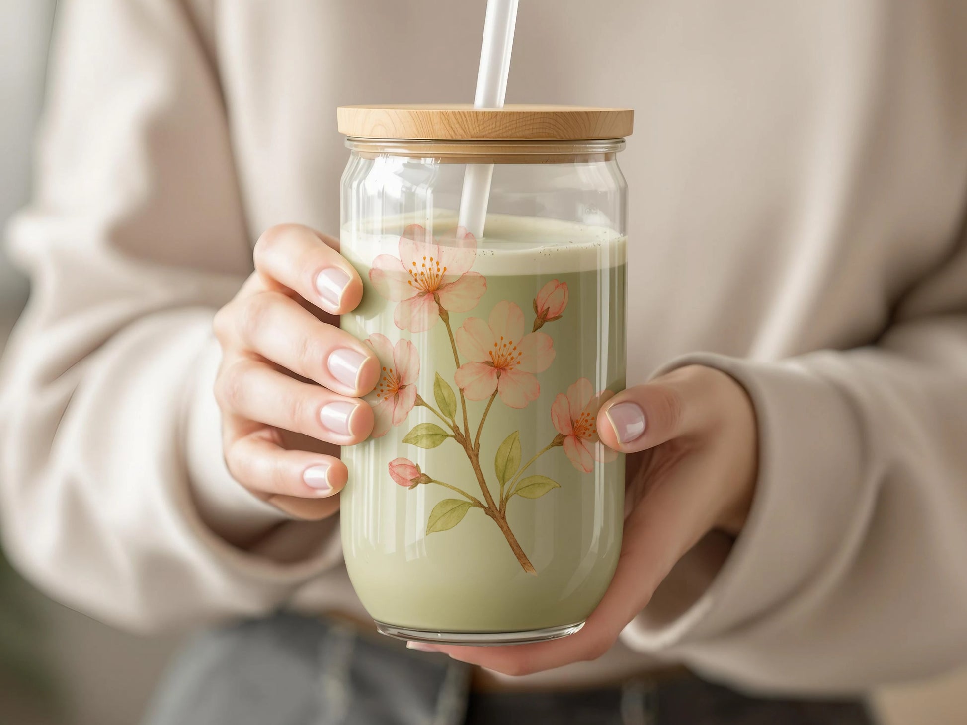 Floral Design Glass Tumbler with Lid and Straw product