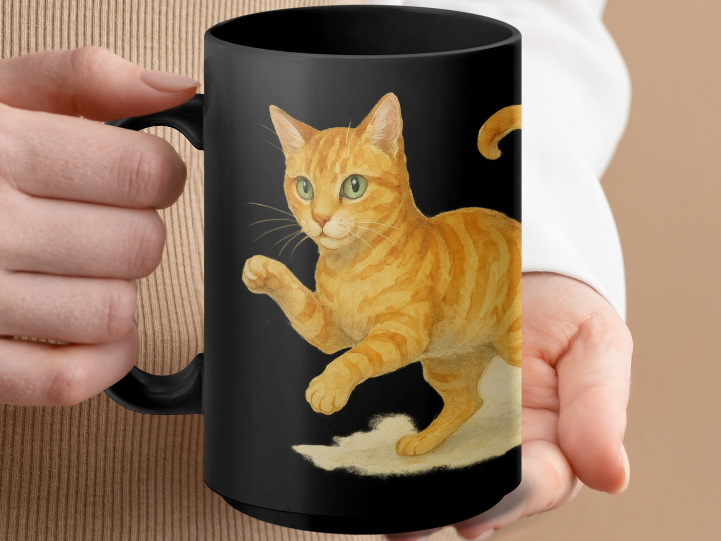 Playful Orange Cat Design on Black Mug product