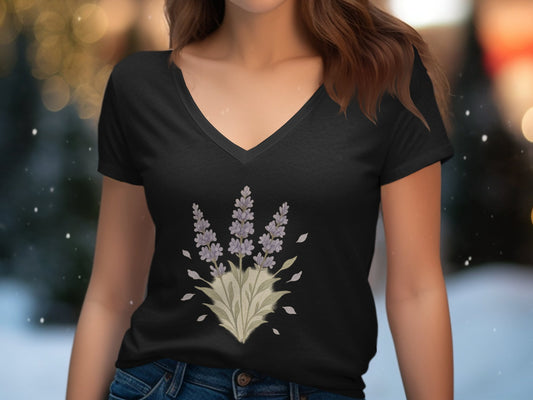 Lavender Floral Design V-neck T-shirt product type