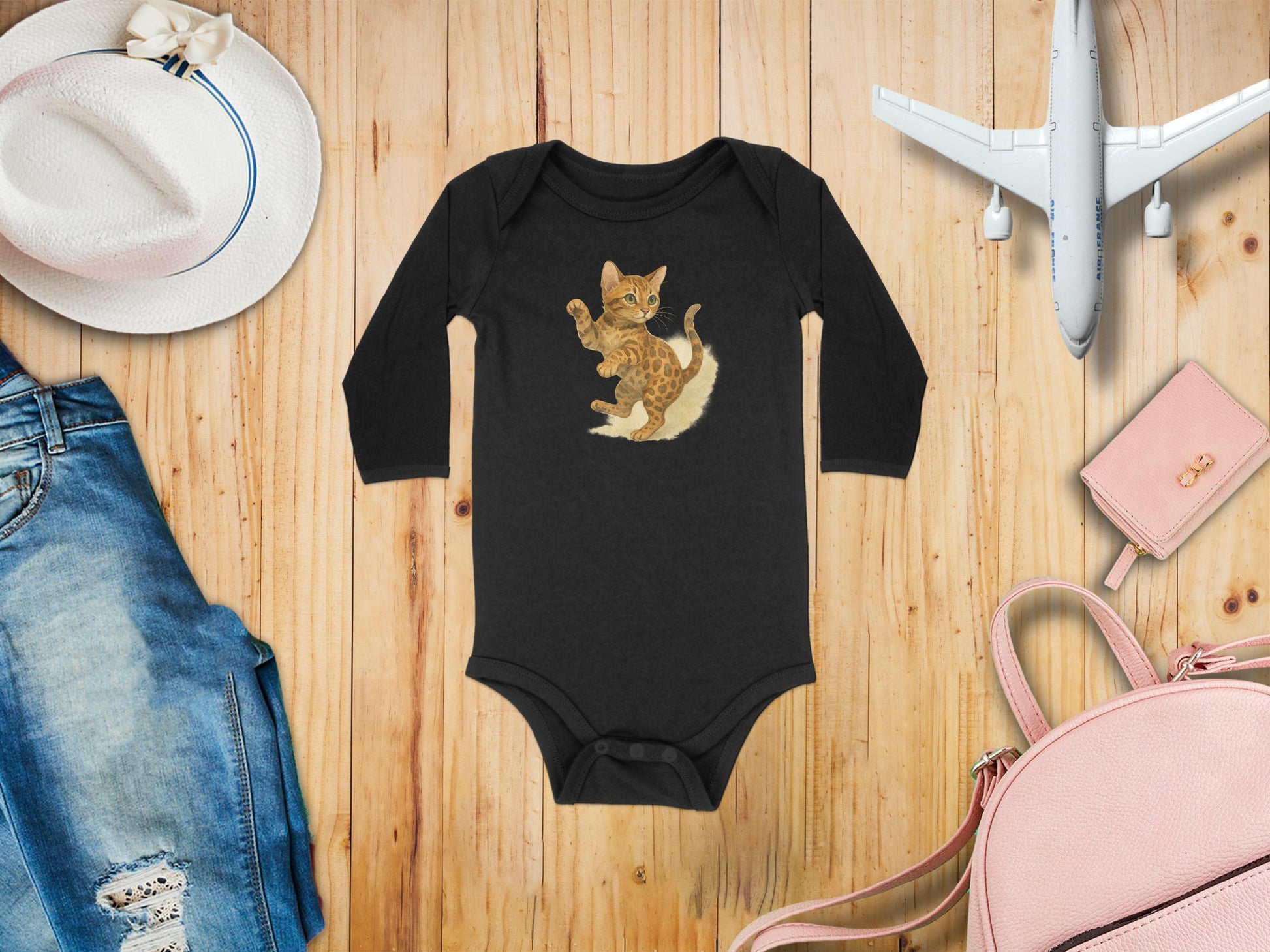 Adorable Kitten Graphic on Black Baby Onesie product
