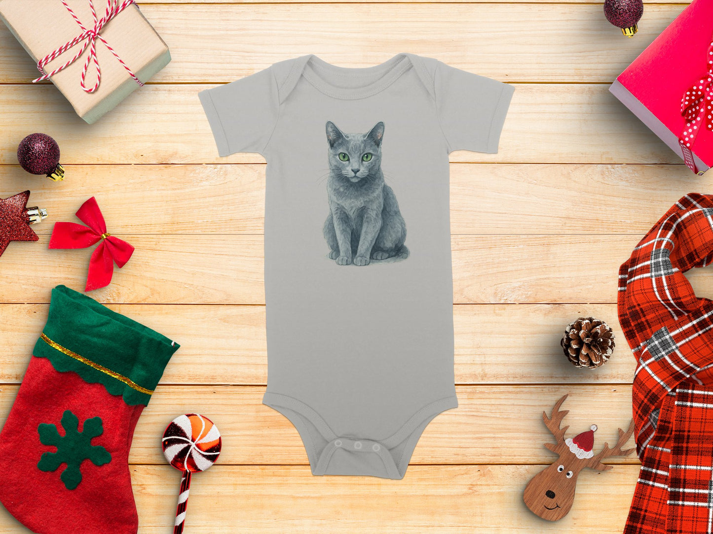 Festive Grey Baby Onesie with Cat Graphic product