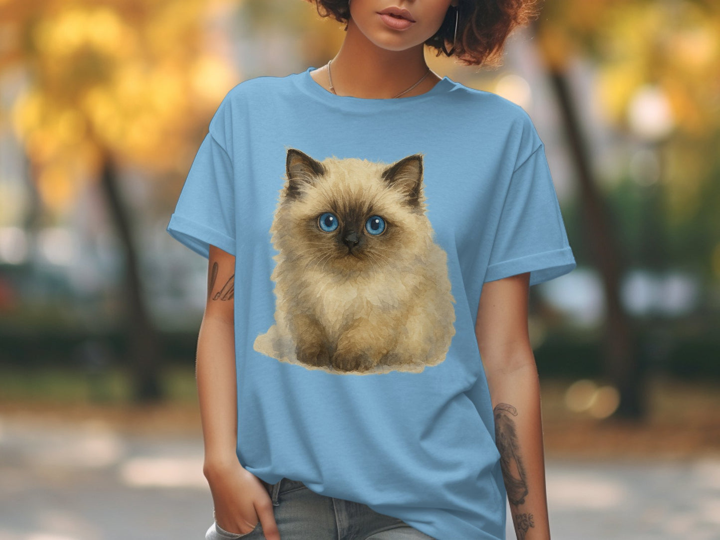 Cute Fluffy Kitten Design on Blue T-shirt product type