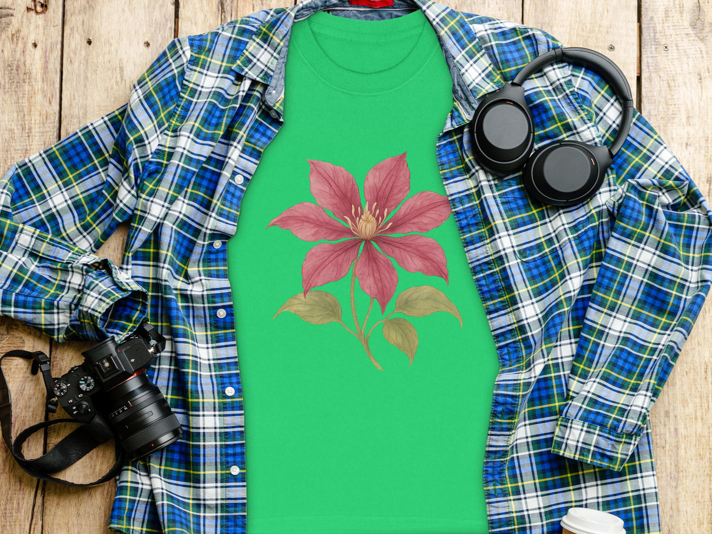 Red Floral Graphic on Green Background T-shirt product