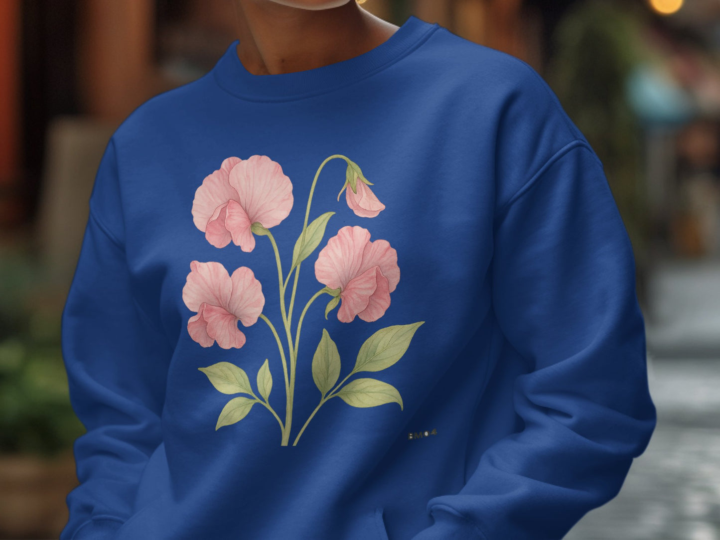 Pink Sweet Pea Flower Design on Blue Sweatshirt product type