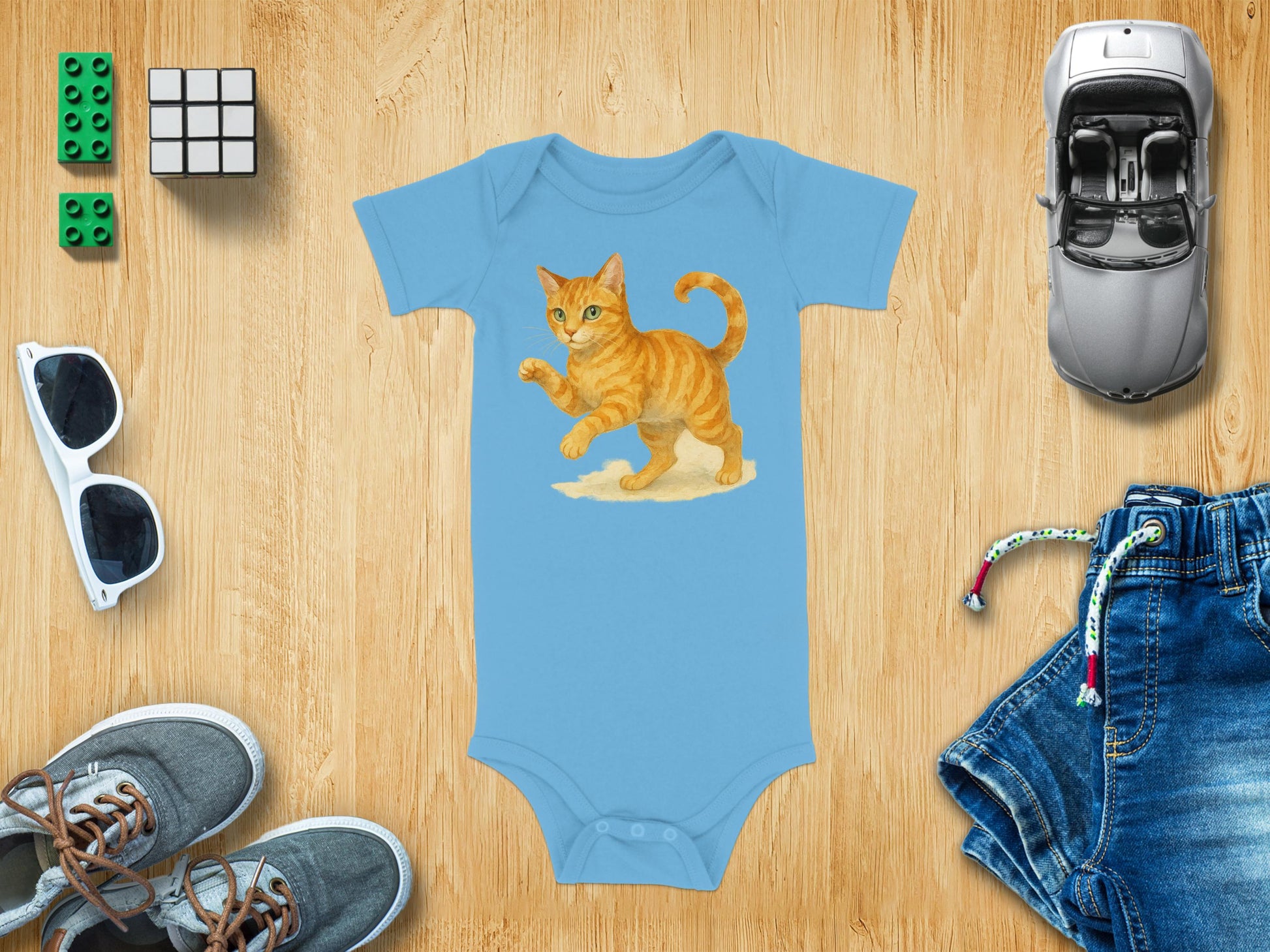 Playful Orange Kitten Graphic Blue Baby Bodysuit product type